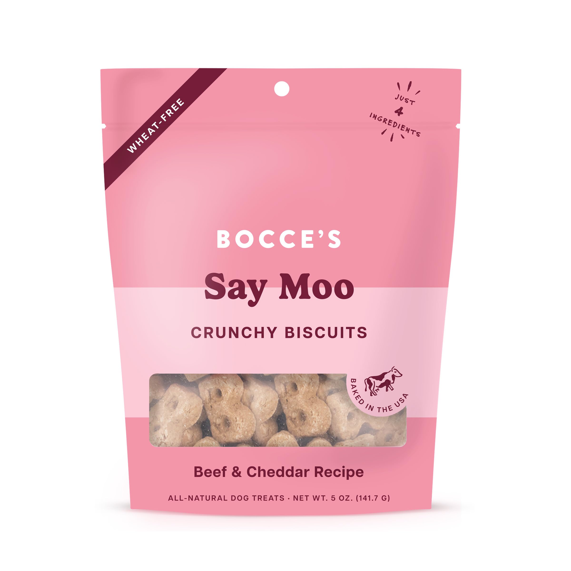 Say Moo galletas para perros en empaque, snack diario ligero de Bocce's Bakery.