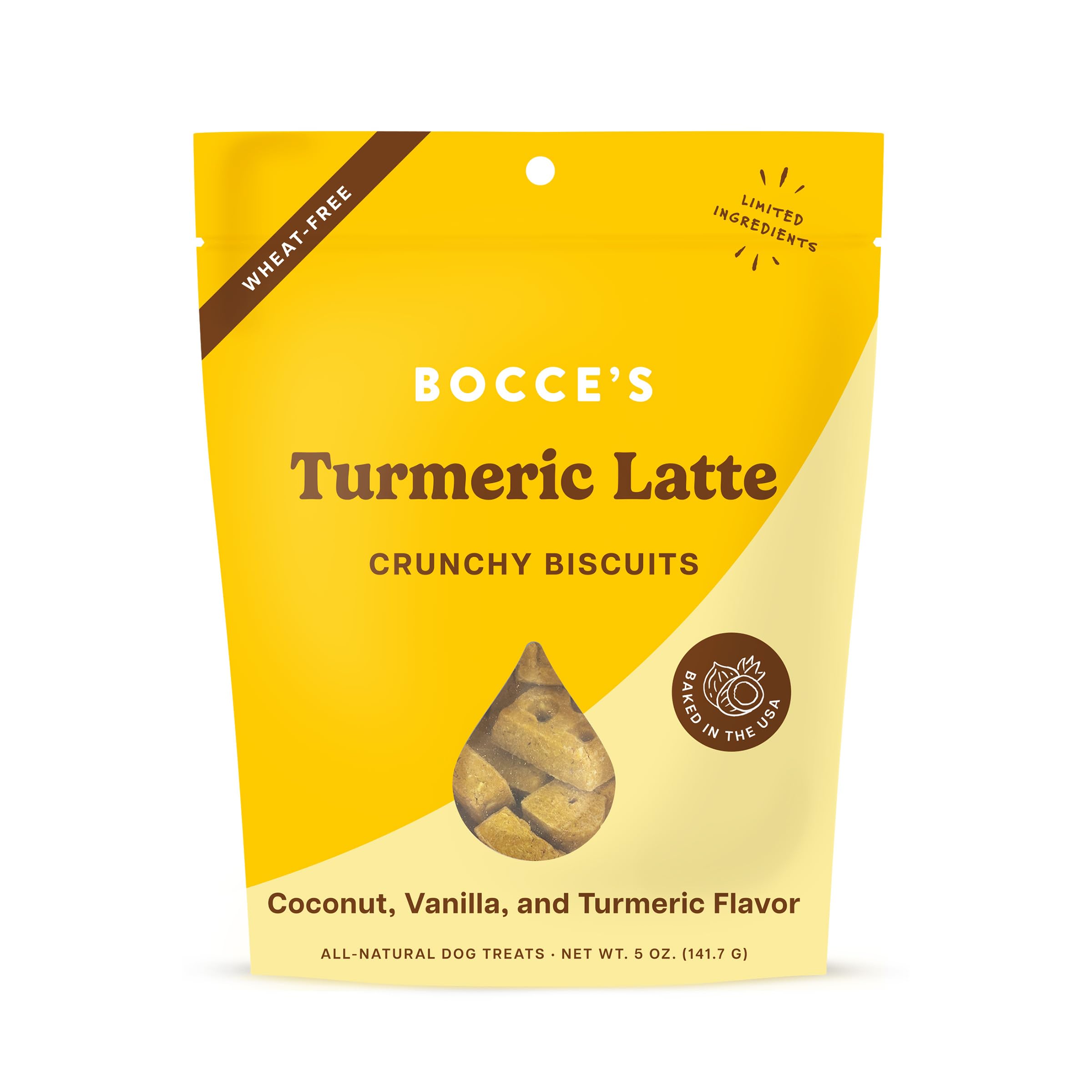 Golosinas Bocce's Turmeric Latte para perros, empaque 5 onzas, snack diario sabroso.