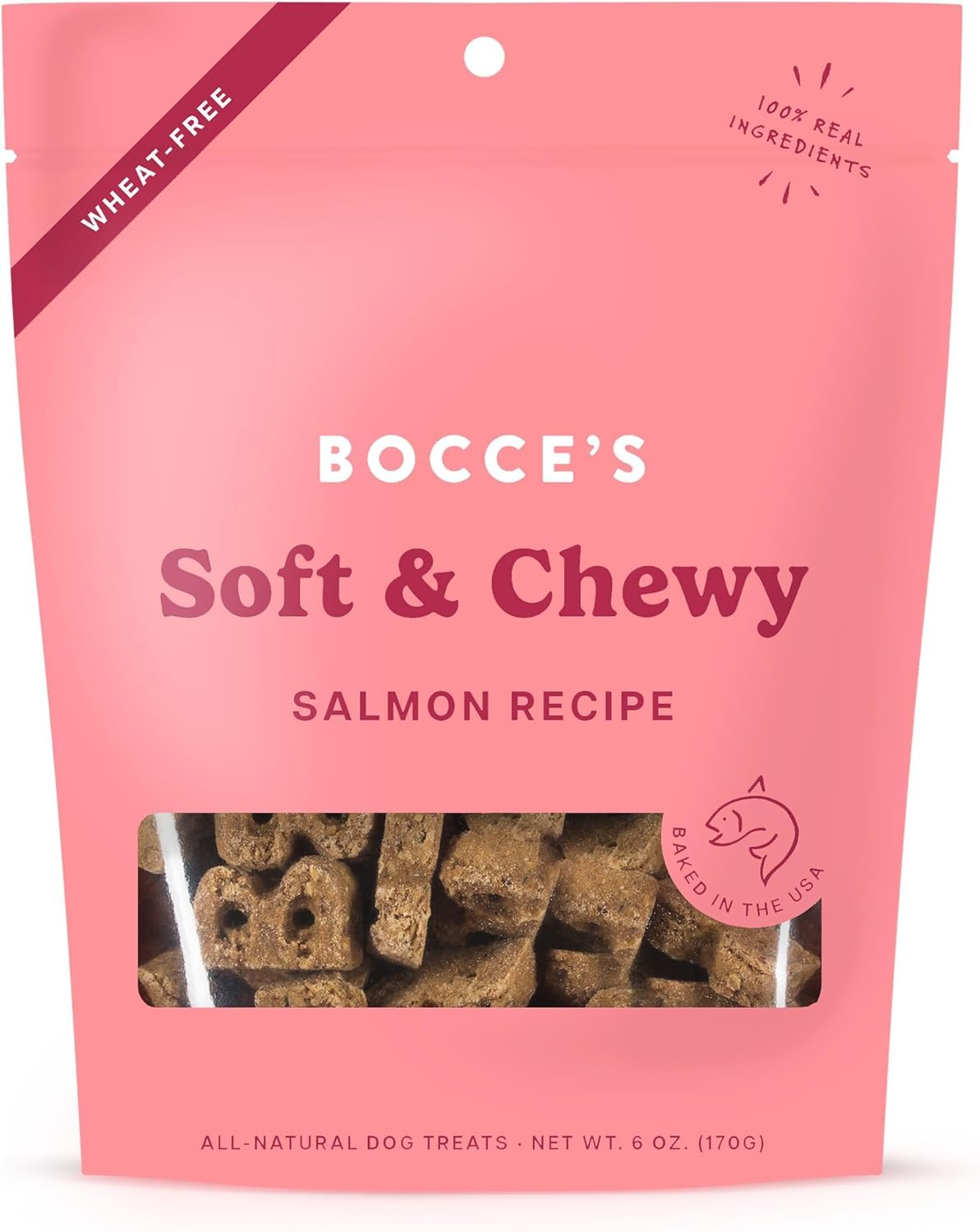 Ingredientes clave de la galleta de salmón Bocce’s Bakery para perros.