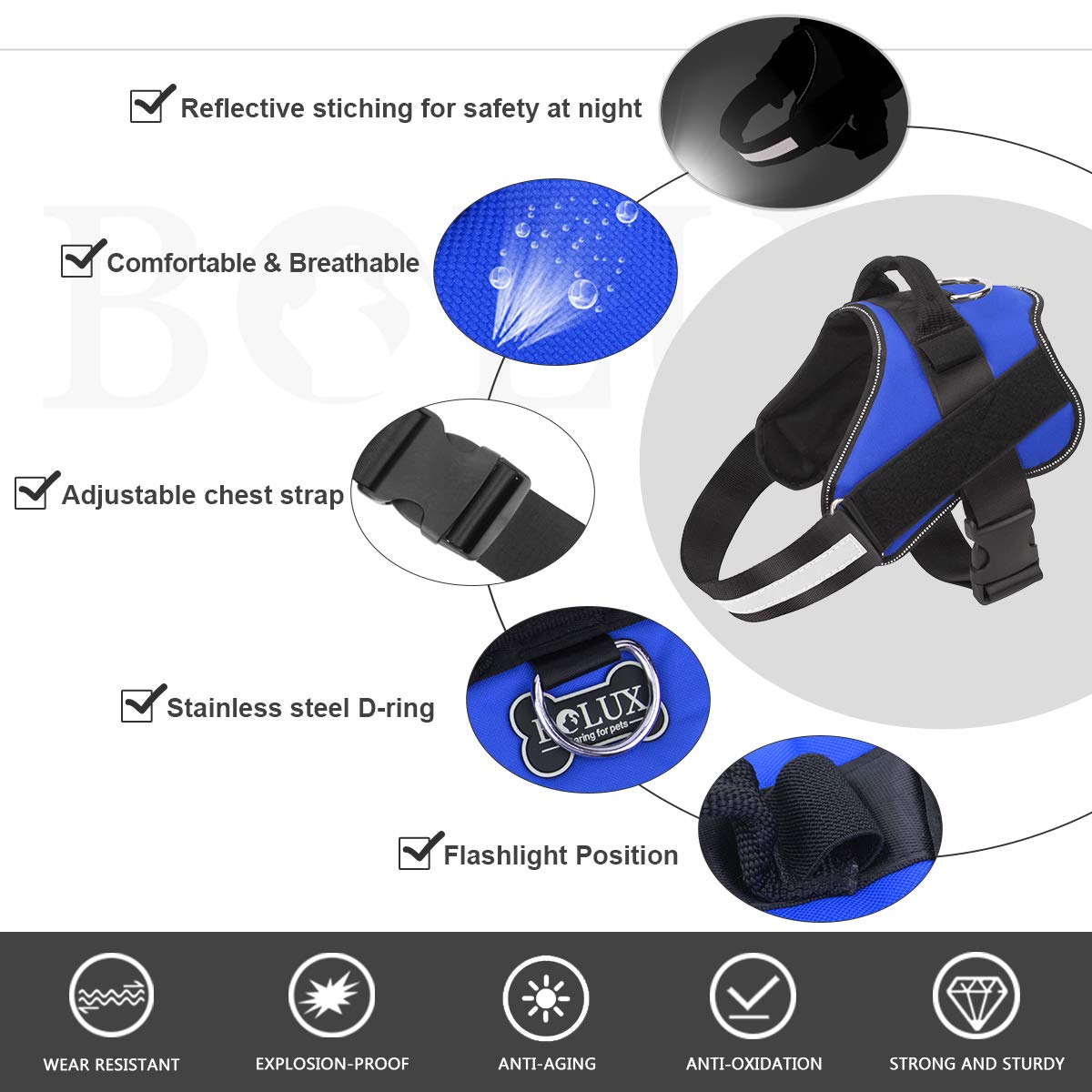 Harnais Bolux bleu XS avec bandes réfléchissantes pour meilleure visibilité nocturne