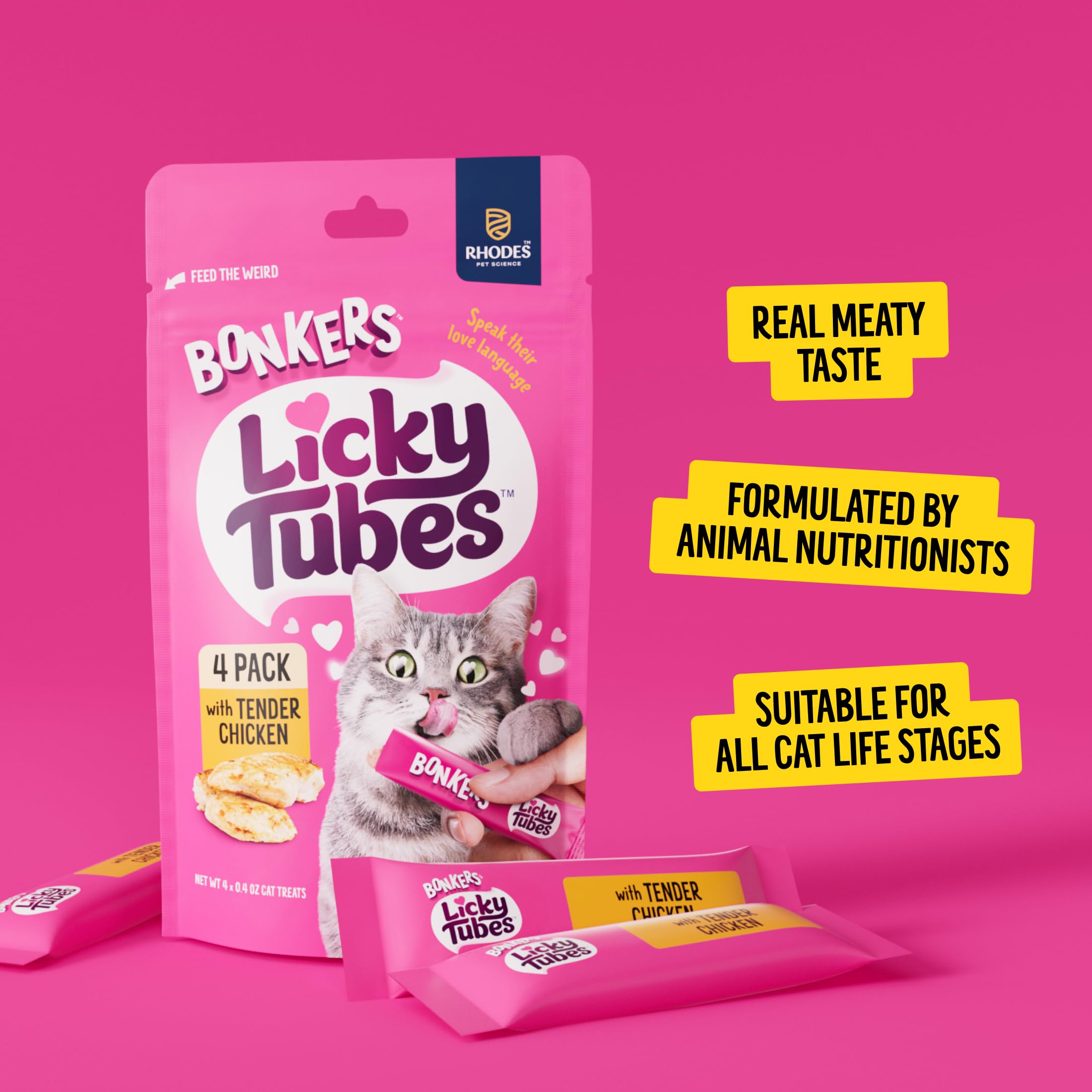 Bonkers Licky Tubes con pollo real para un sabor sabroso.