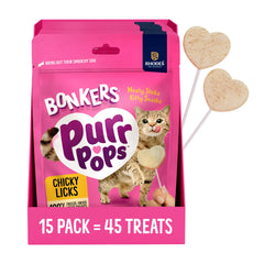 Empaque de Bonkers Purrpops con 15 unidades listo para premiar al gato