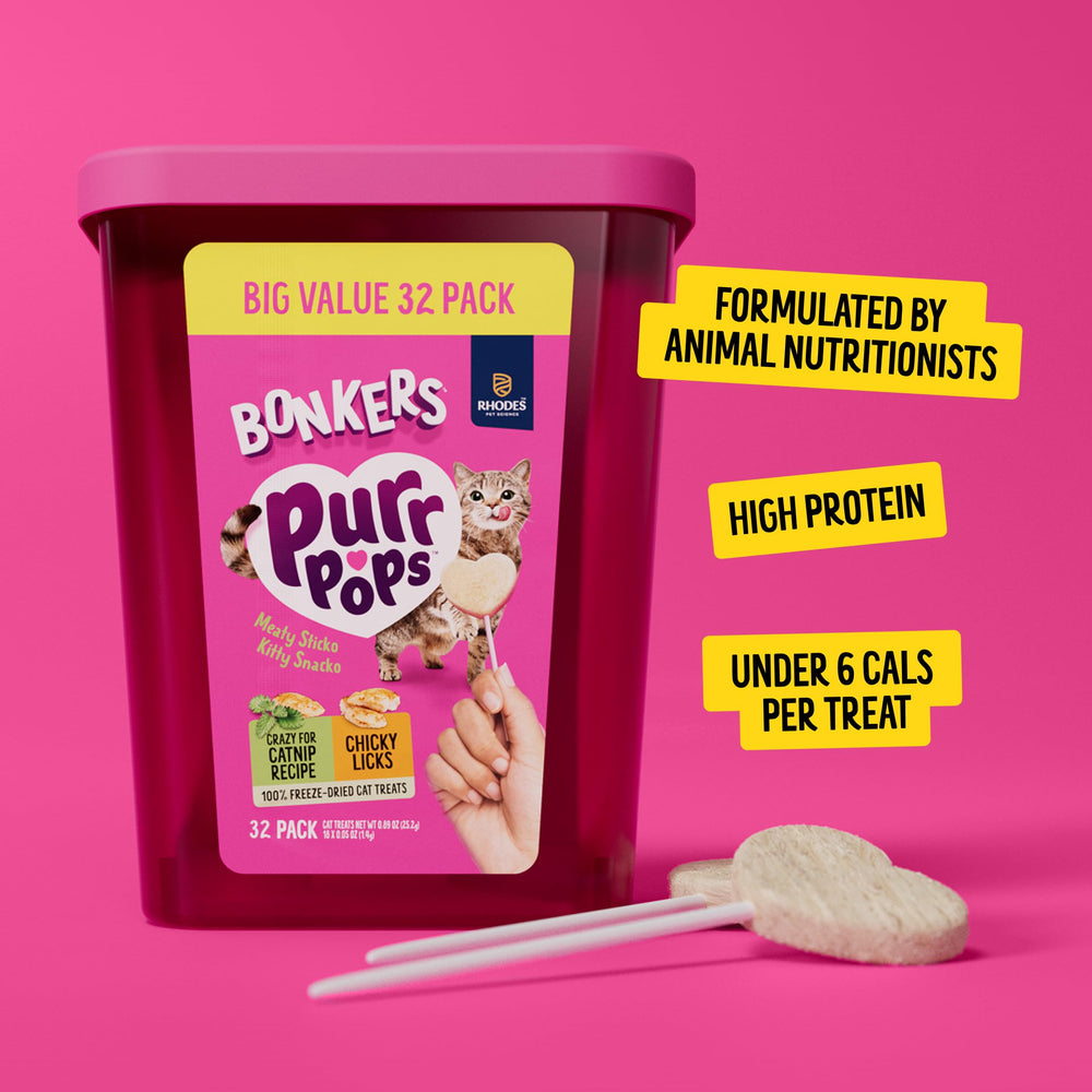Bonkers Purrpops tubo de 32 piruletas para gato, snack alto en proteína