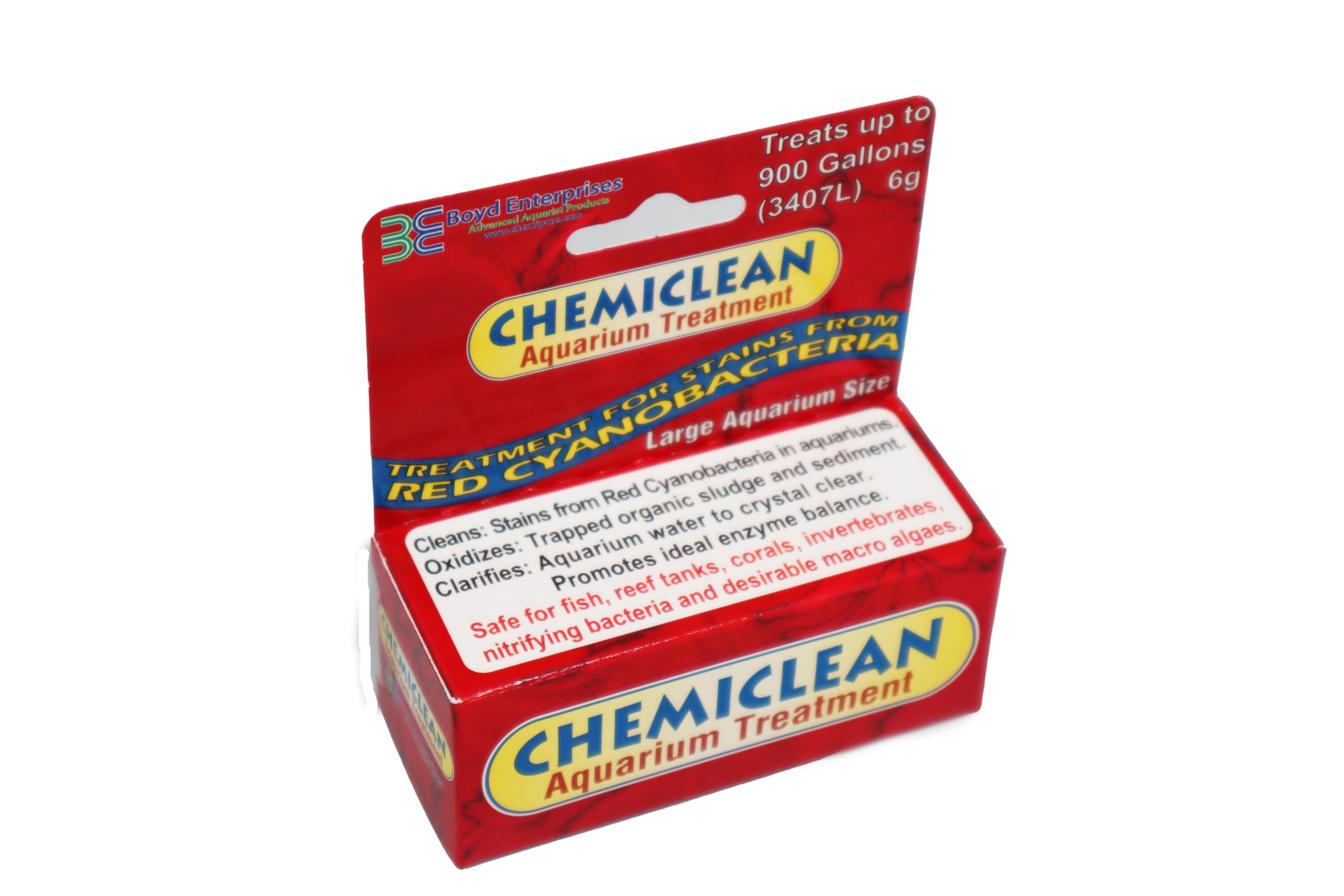 Boyd Chemi-Clean 6g envase seguro para acuarios y dosificación fácil.