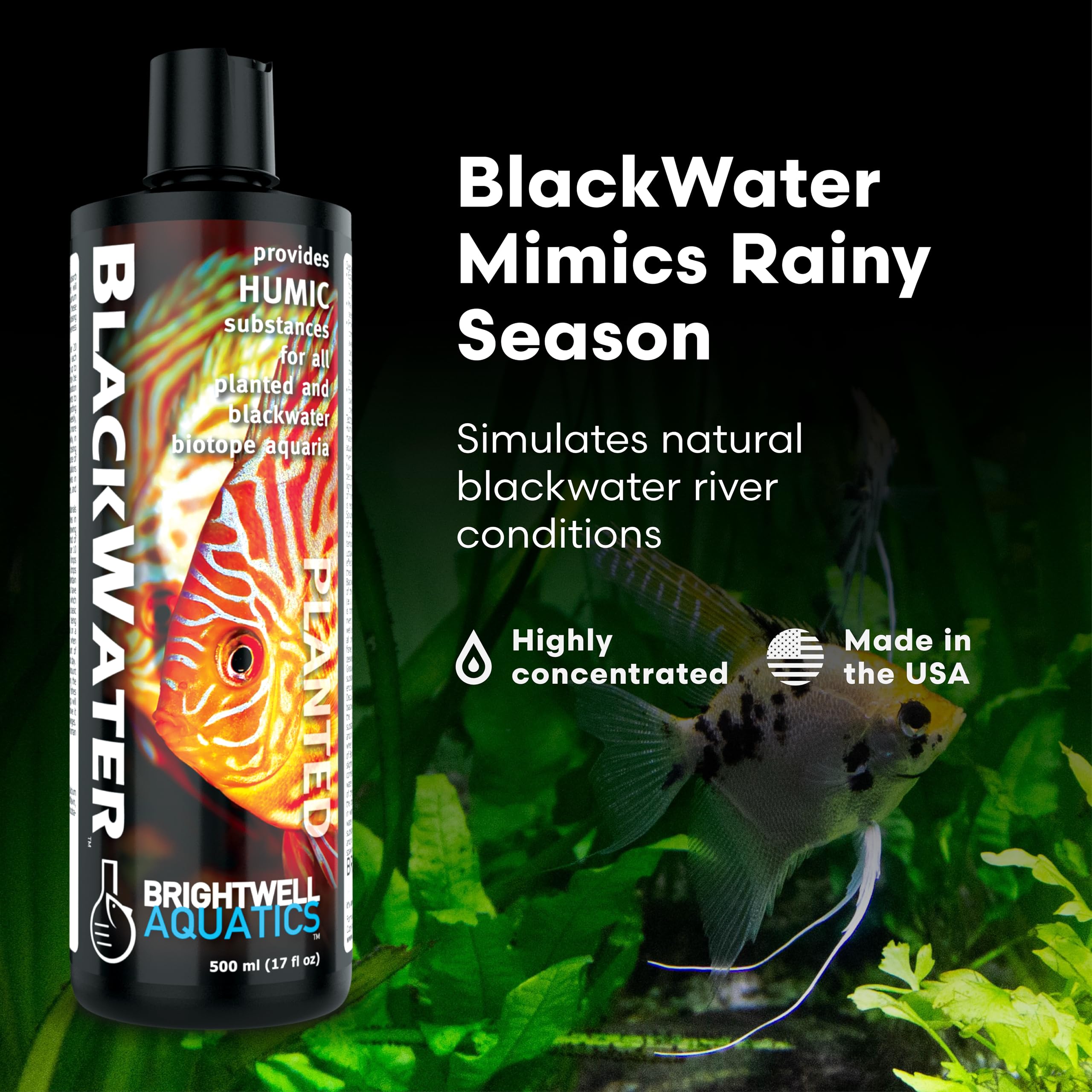 Brightwell Aquatics BlackWater etiqueta detallada y coloración natural