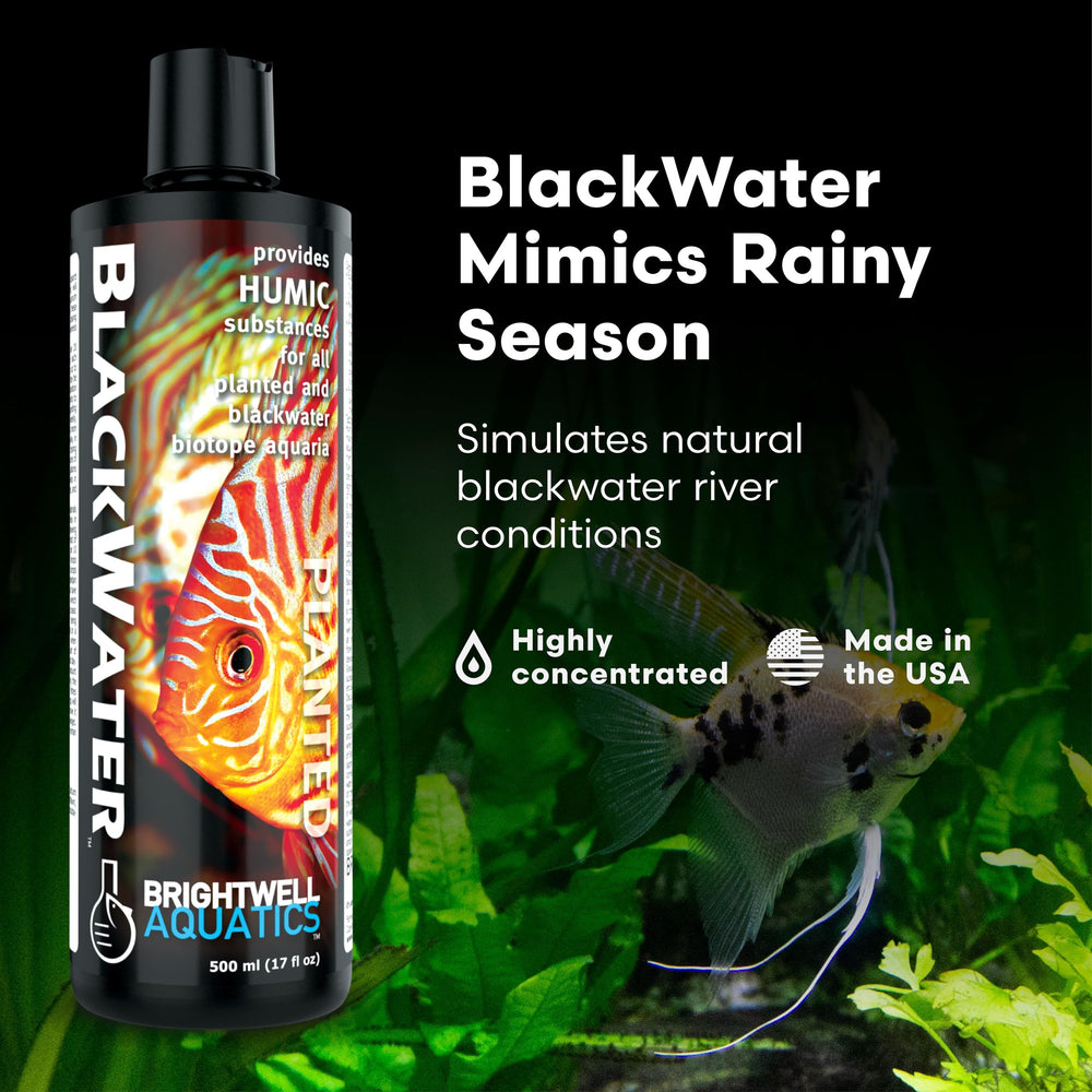 Etiqueta detallada de Brightwell BlackWater con dosis y guía de uso, útil para el acuario.