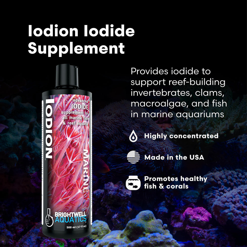 Brightwell Aquatics Iodion, etiqueta-frontal, favorece la salud general del coral gracias al yodo.