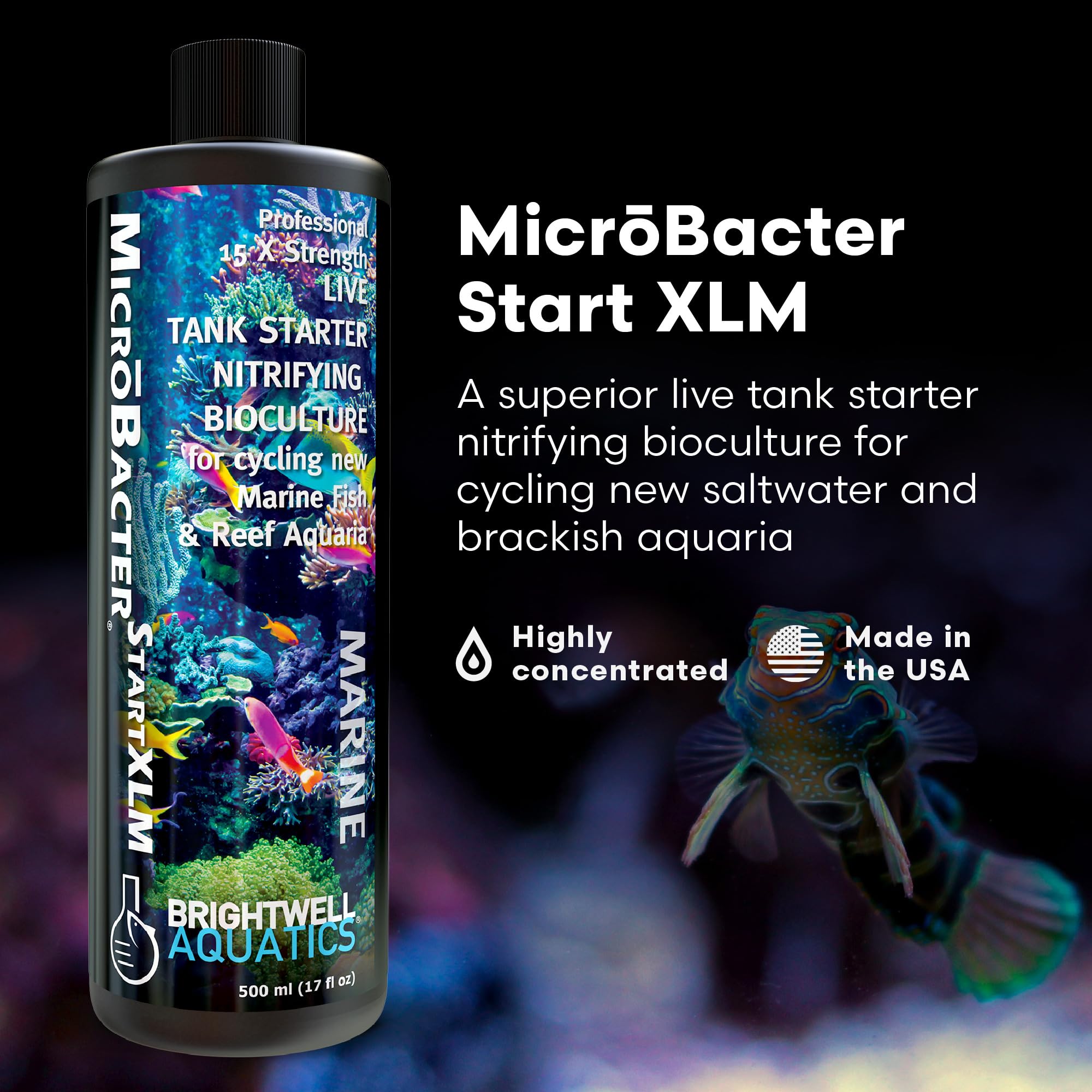Brightwell Aquatics MicroBacter Start XLM, bote visto de frente para referencia de uso.