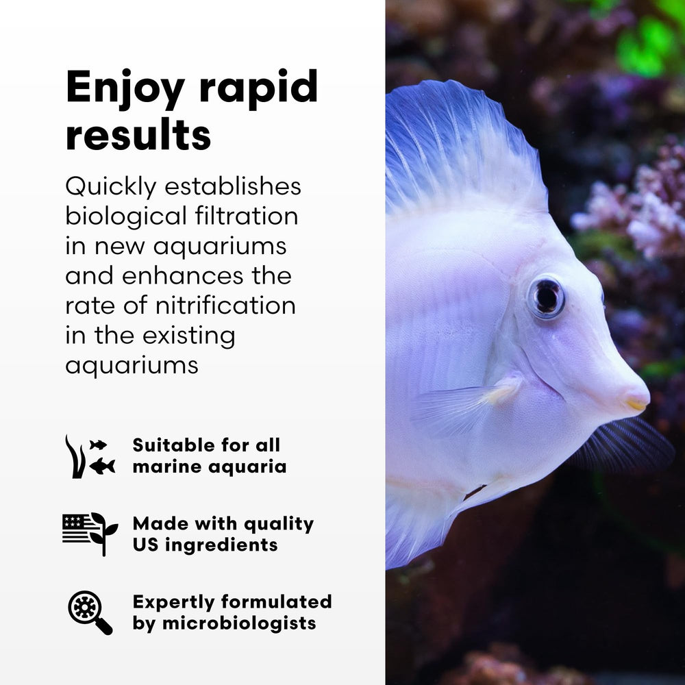 Brightwell Aquatics MicroBacter Start XLM, etiqueta del producto con guía rápida.