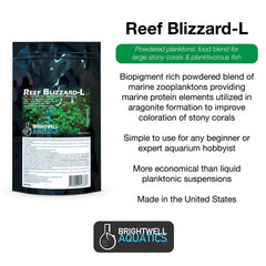 Reef Blizzard L, mezcla nutritiva en polvo, útil para alimentar corales y peces planktívoros.