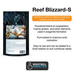 Envase de 100 g de Reef Blizzard-S listo para alimentar corales en acuario.