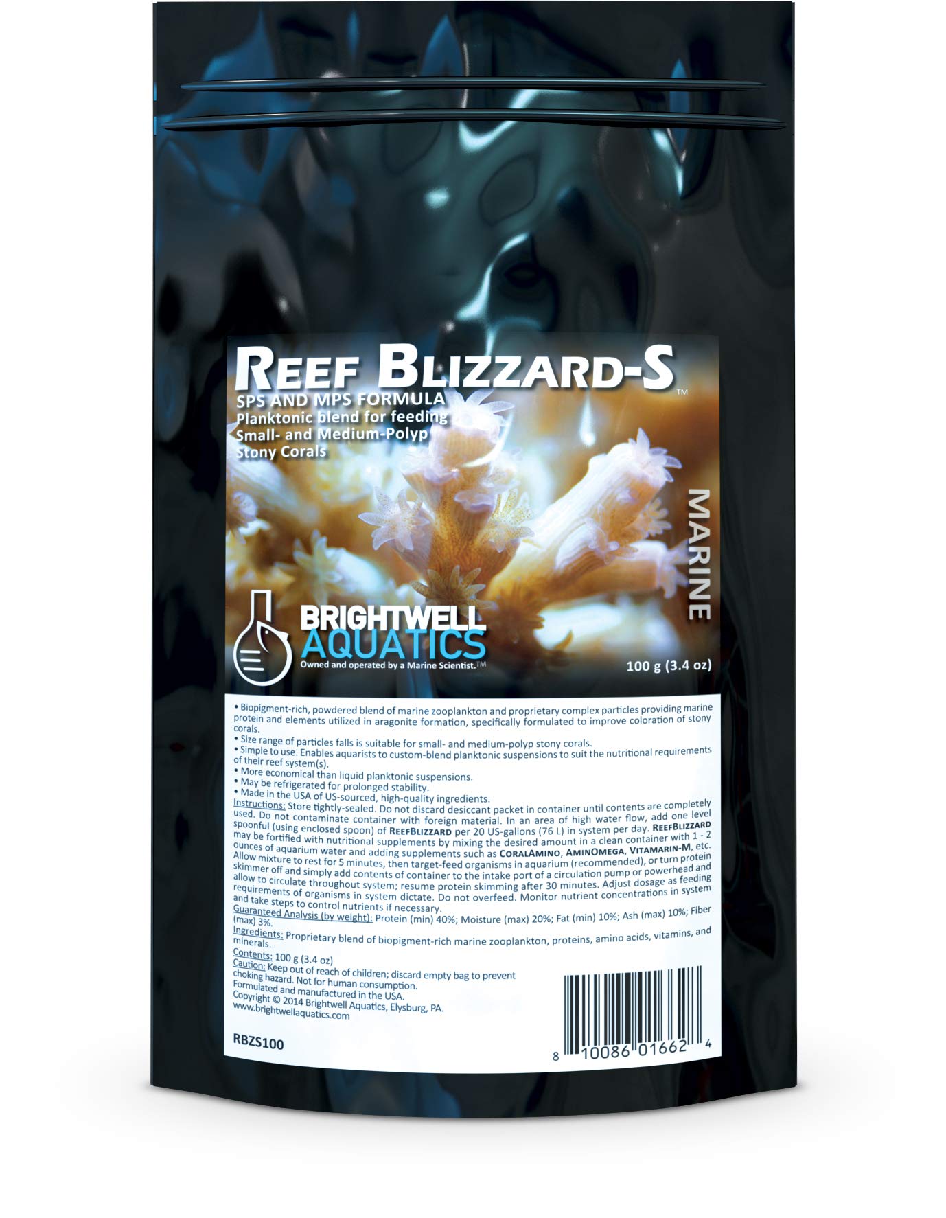 Reef Blizzard-S polvo planktónico desecado de Brightwell Aquatics para alimentar corales pequeños y medianos.