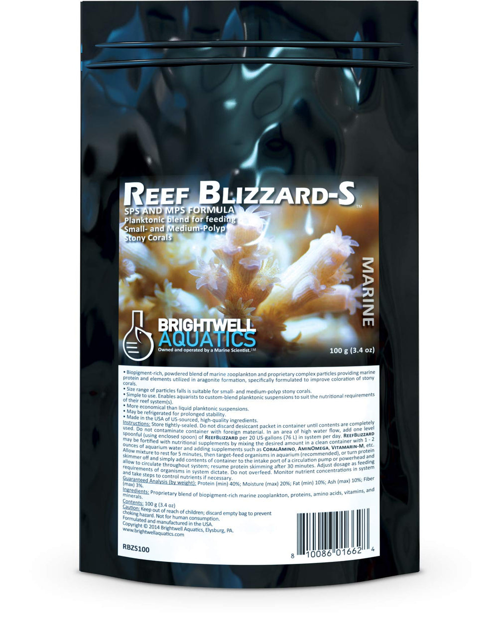 Reef Blizzard-S polvo planktónico desecado de Brightwell Aquatics para alimentar corales pequeños y medianos.