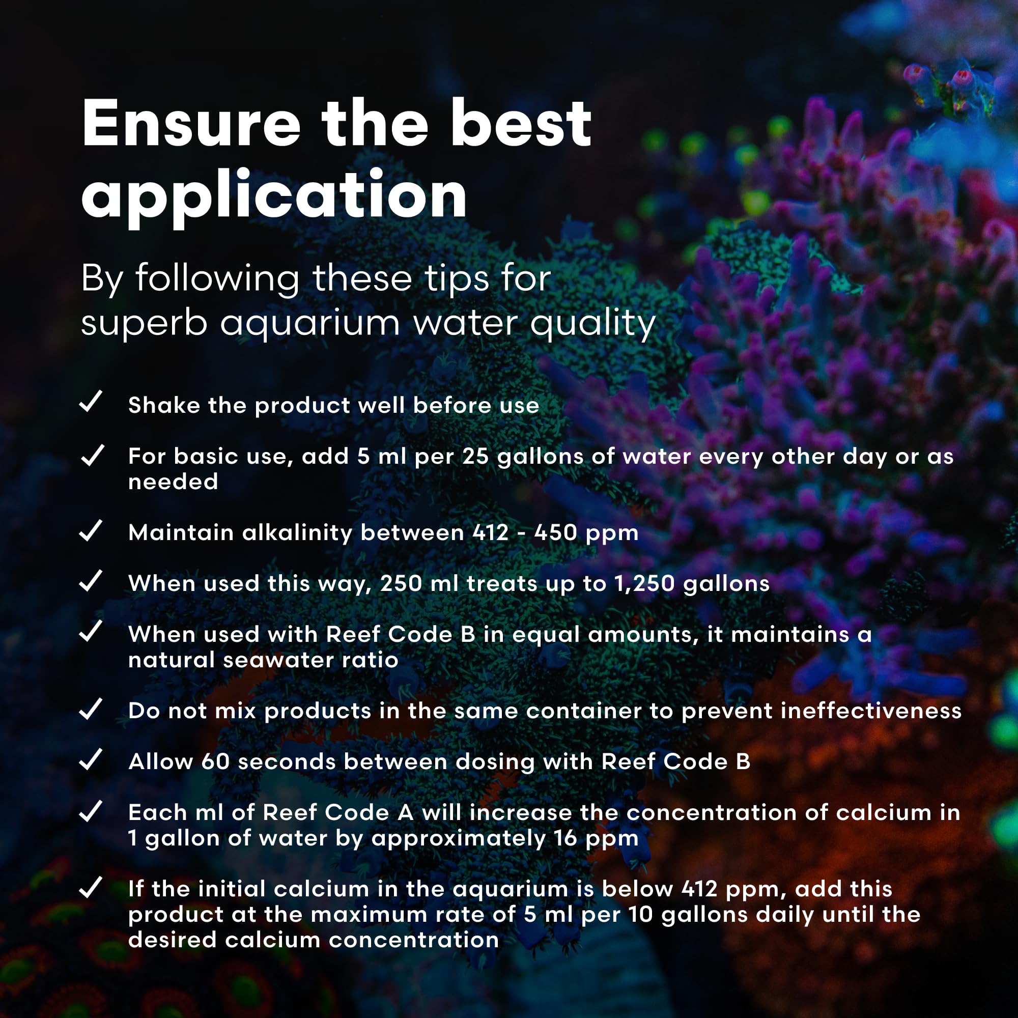 Brightwell Aquatics Reef Code A: etiqueta del producto para verificación de dosis.