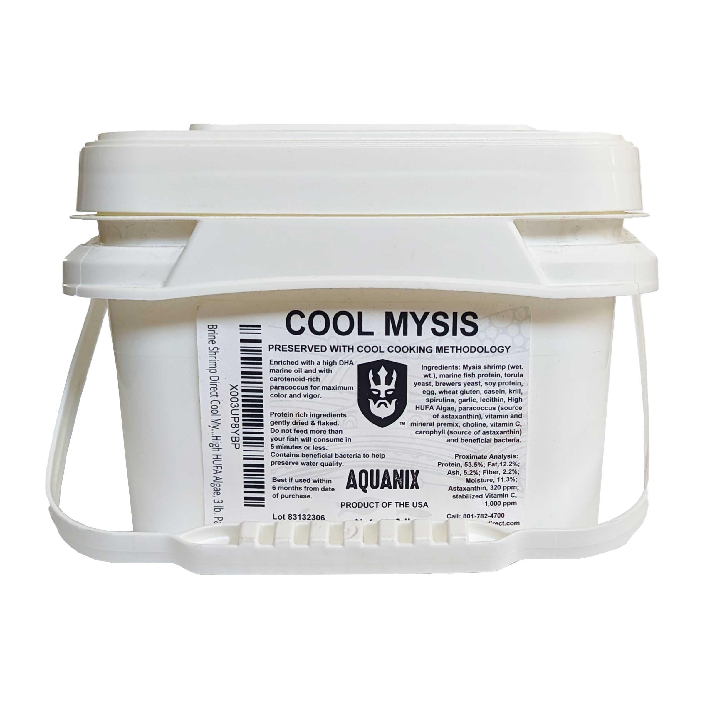 Brine Shrimp Direct Cool Mysis Flake en envase de tres libras, alimento estable para acuarios.