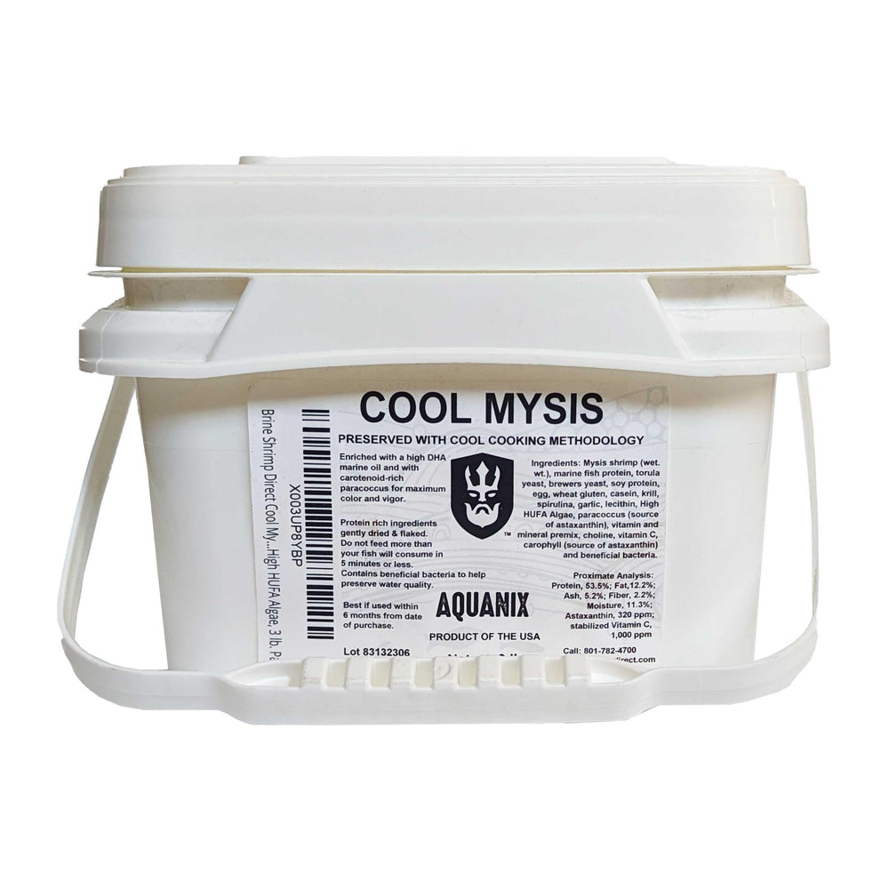 Brine Shrimp Direct Cool Mysis Flake en envase de tres libras, alimento estable para acuarios.