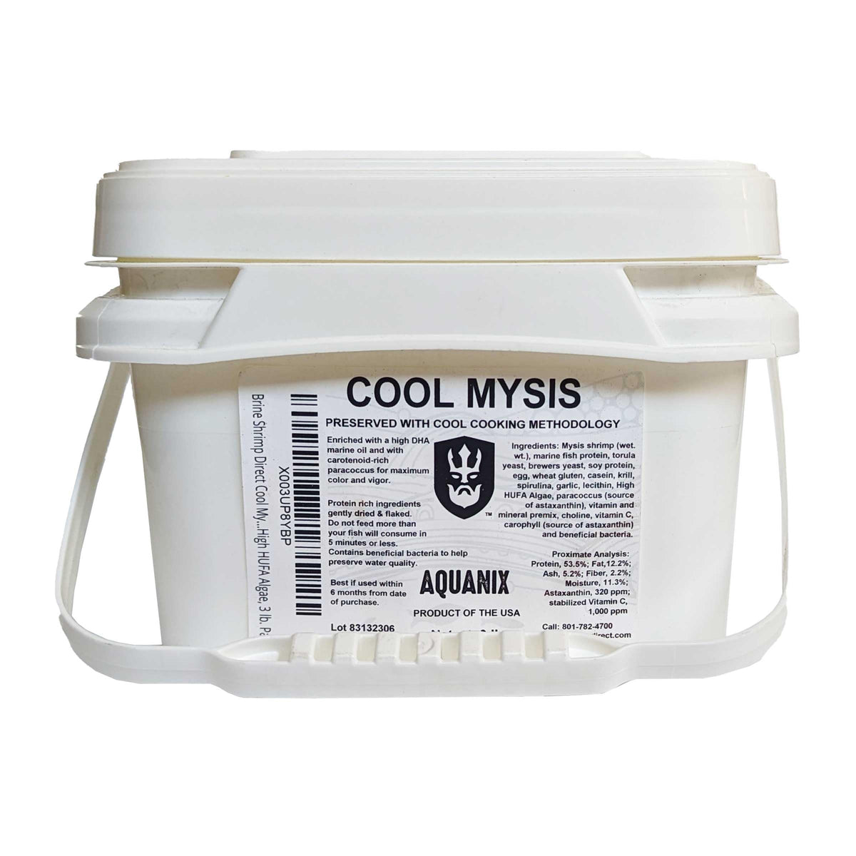 Brine Shrimp Direct Cool Mysis Flake en envase de tres libras, alimento estable para acuarios.