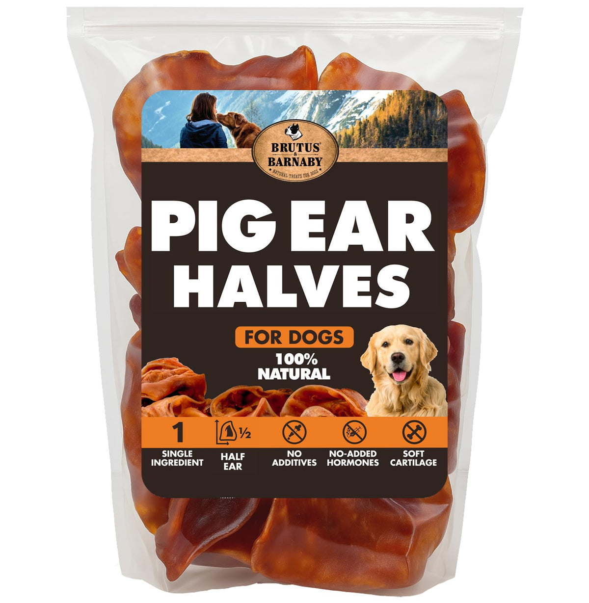 BRUTUS & BARNABY orejas de cerdo mitades: snack natural para entrenamiento de perros.