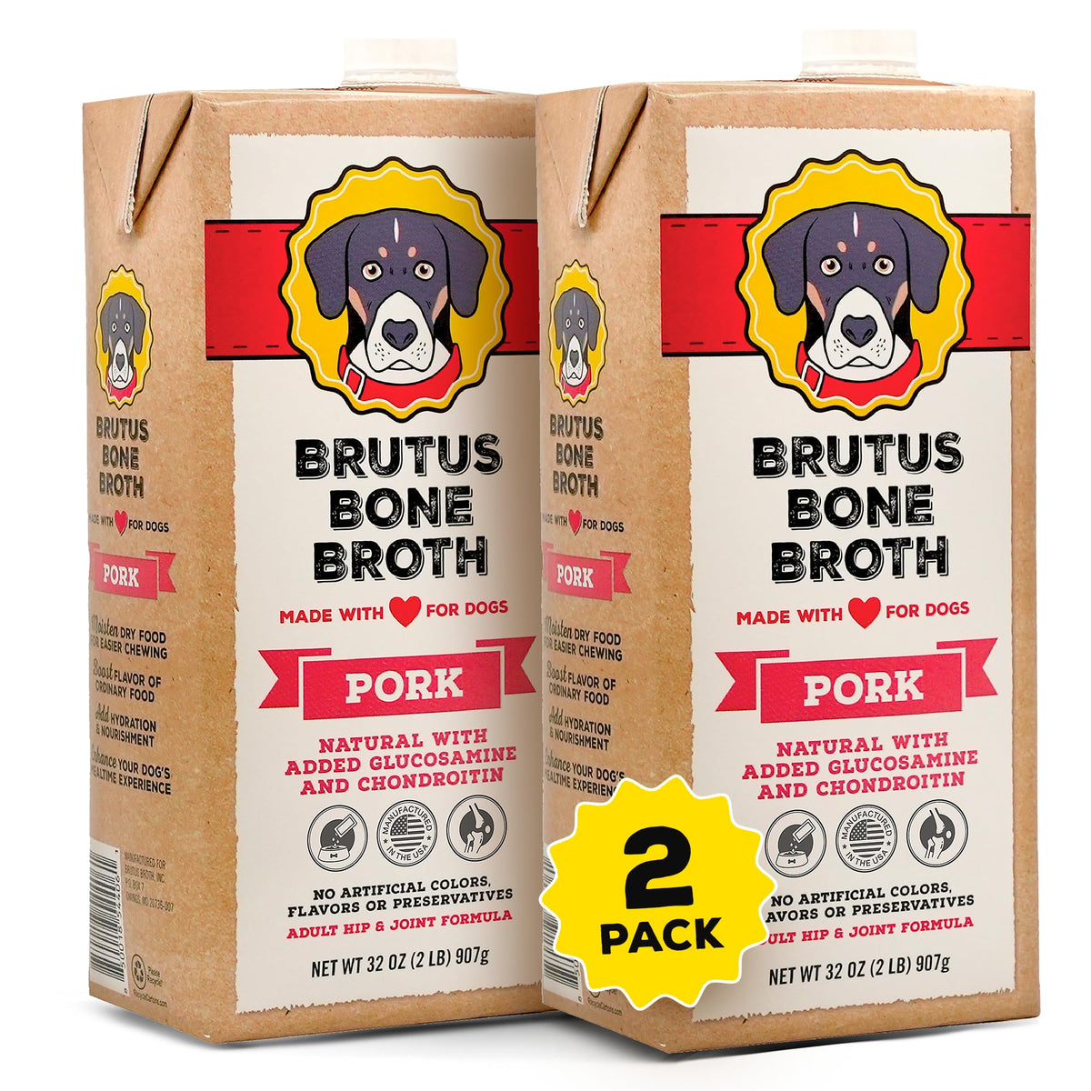 Brutus Bone Broth líquido para perros, ideal para hidratar y realzar la comida.
