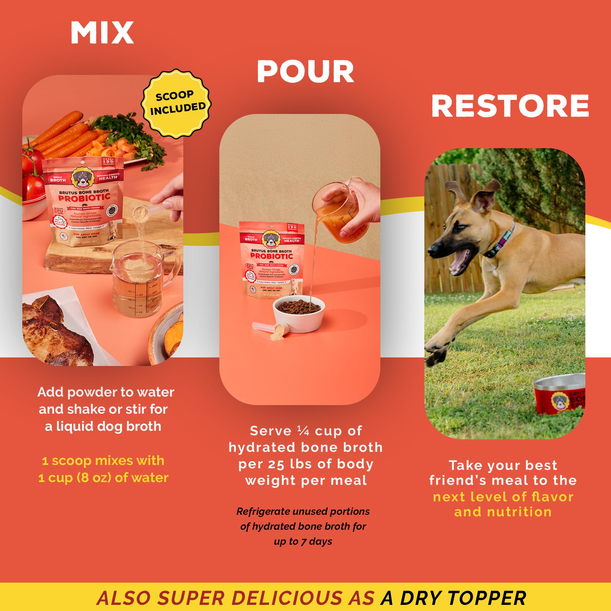 Brutus Broth sabor cerdo, ideal para estimular el apetito.