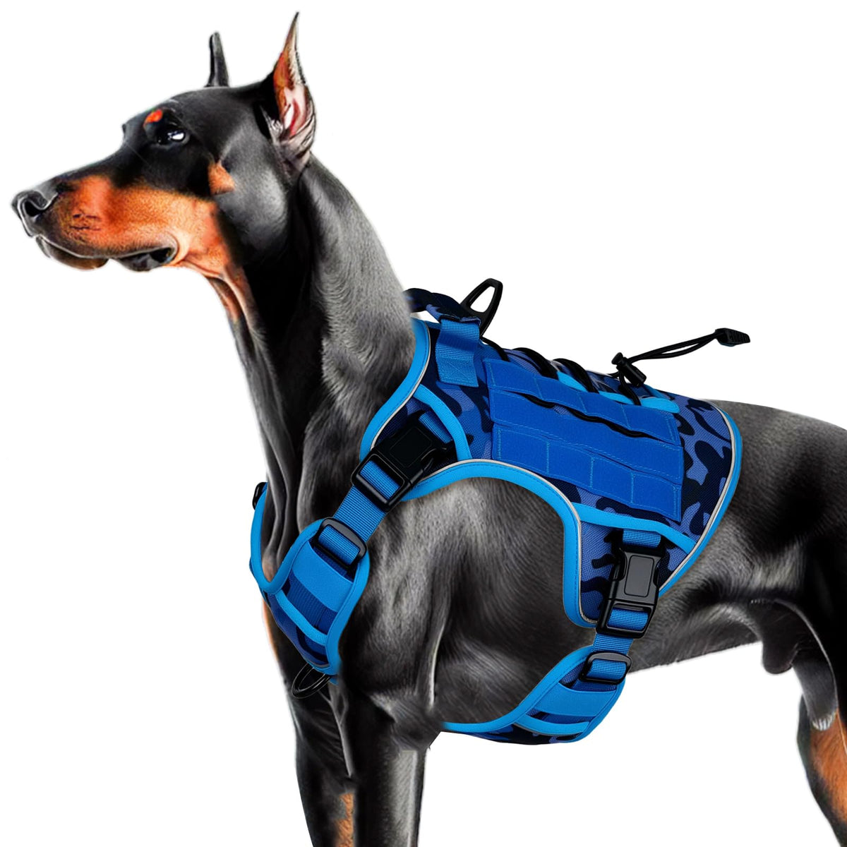 Bruvoalon arnés táctico para perro grande, azul camuflado, ideal para actividades al aire libre.