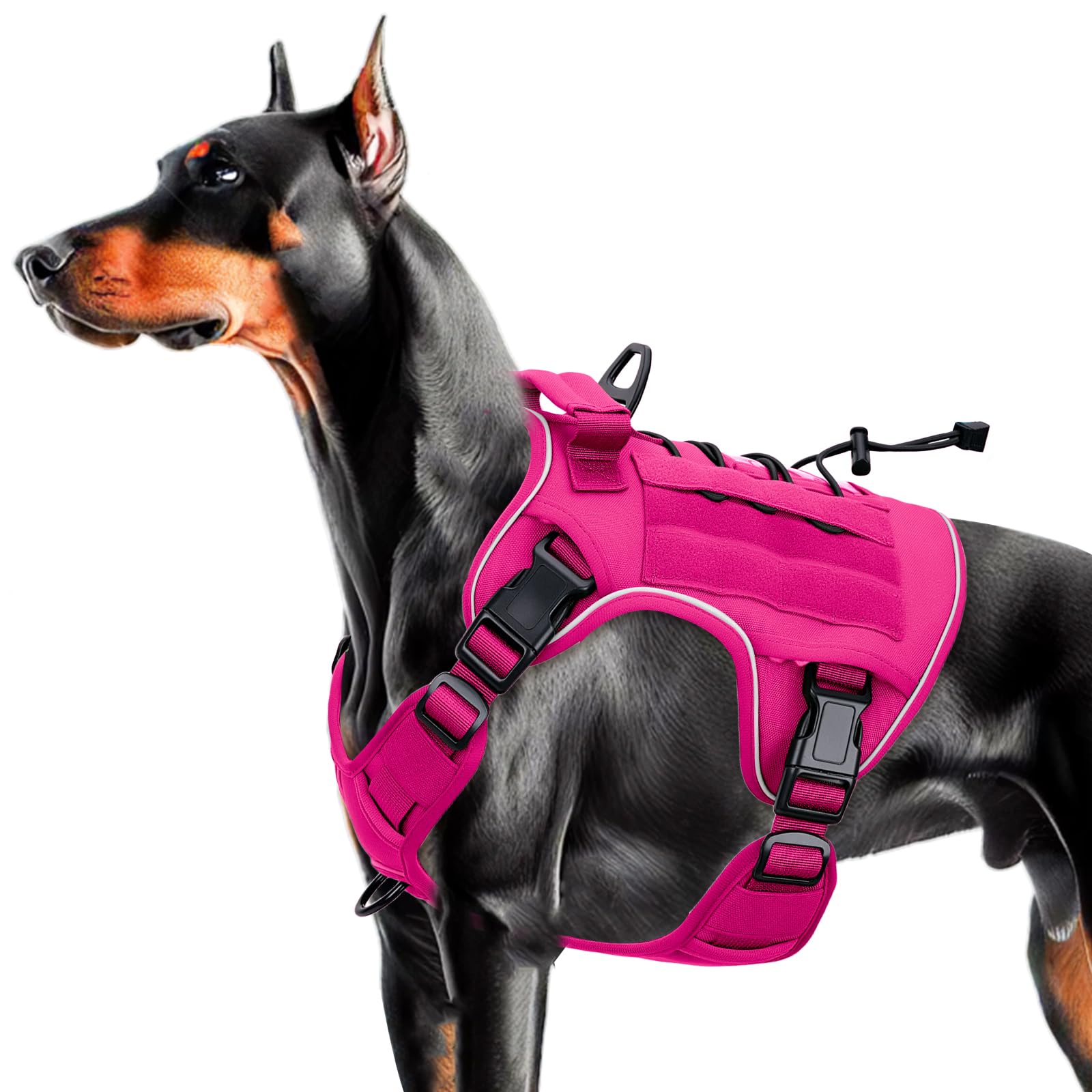 Bruvoalon arnés táctico pesado para perro grande, vista frontal, alta visibilidad rosa neón.