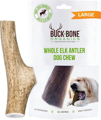 Buck Bone Organics asta de ciervo grande para masticar de larga duración.