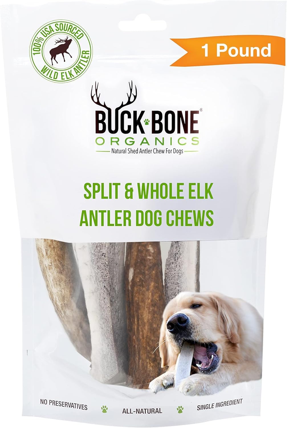 Buck Bone Organics astas de alce para perro en bolsa; mordisqueo duradero