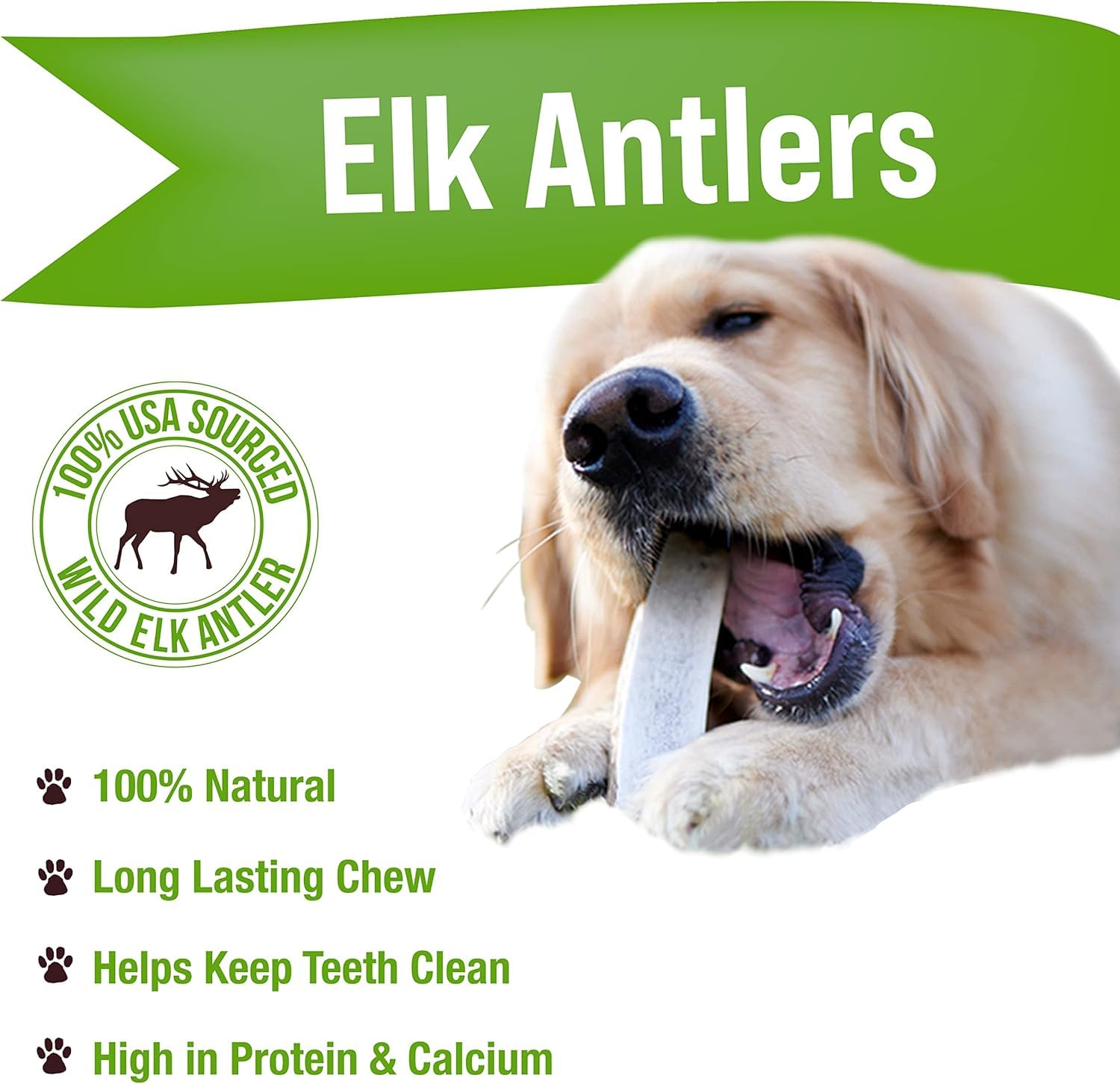 Buck Bone Organics masticación natural de asta de ciervo para higiene dental.