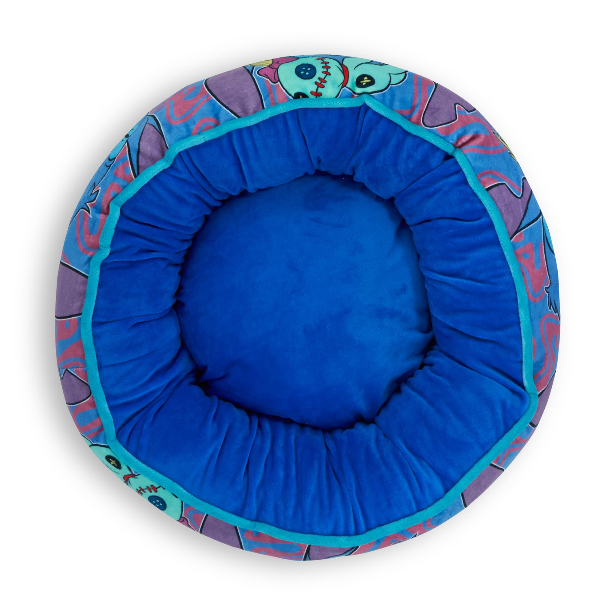 Buckle-Down vista lateral de la cama Disney Stitch Scrump, color azul lavanda para descanso cómodo.