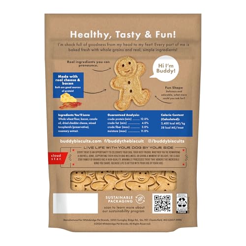 Buddy Biscuits sabor tocino-queso, snack sabroso para perros.