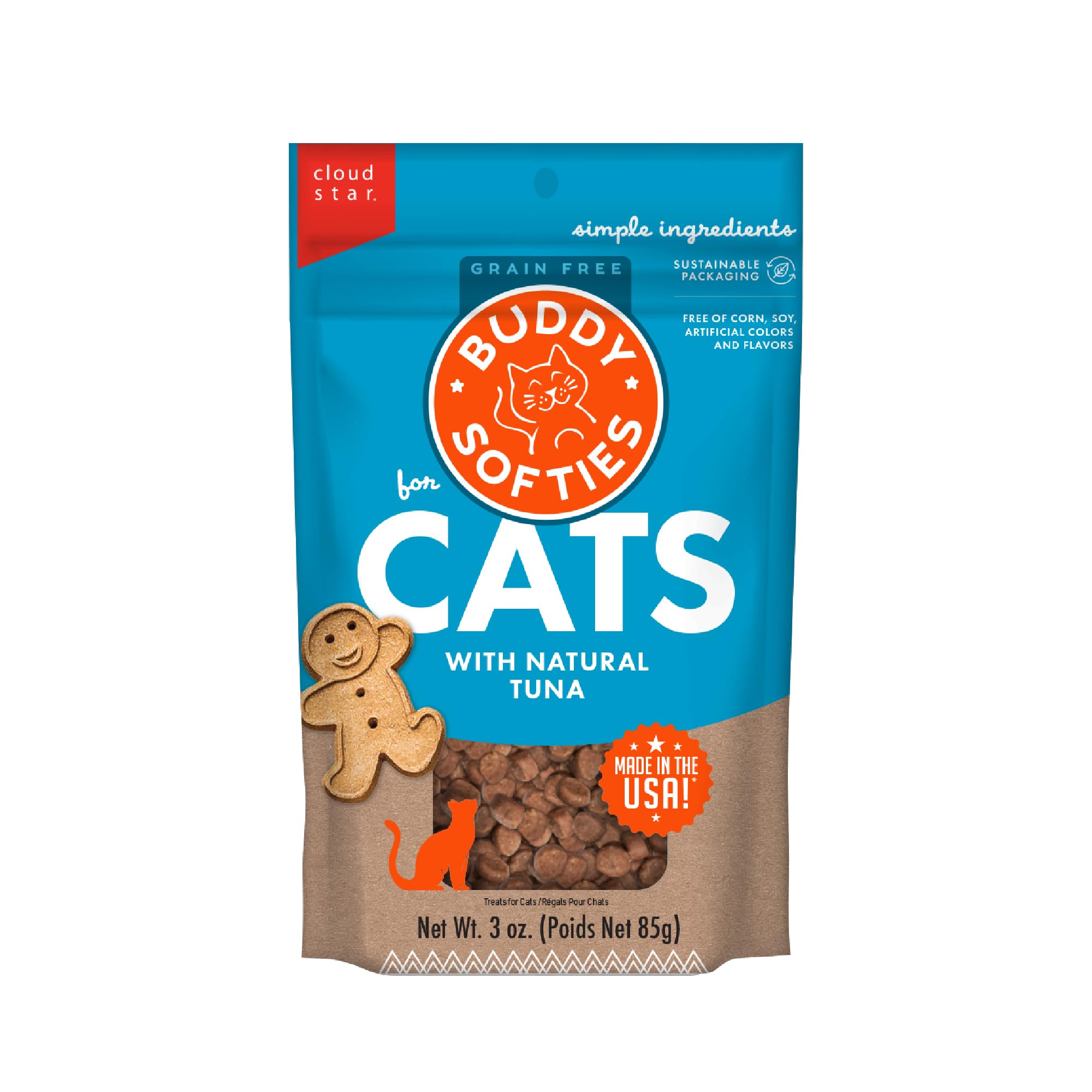Buddy Biscuits Softies con atun natural en bolsa de 3 onzas, snack conveniente para gatos.