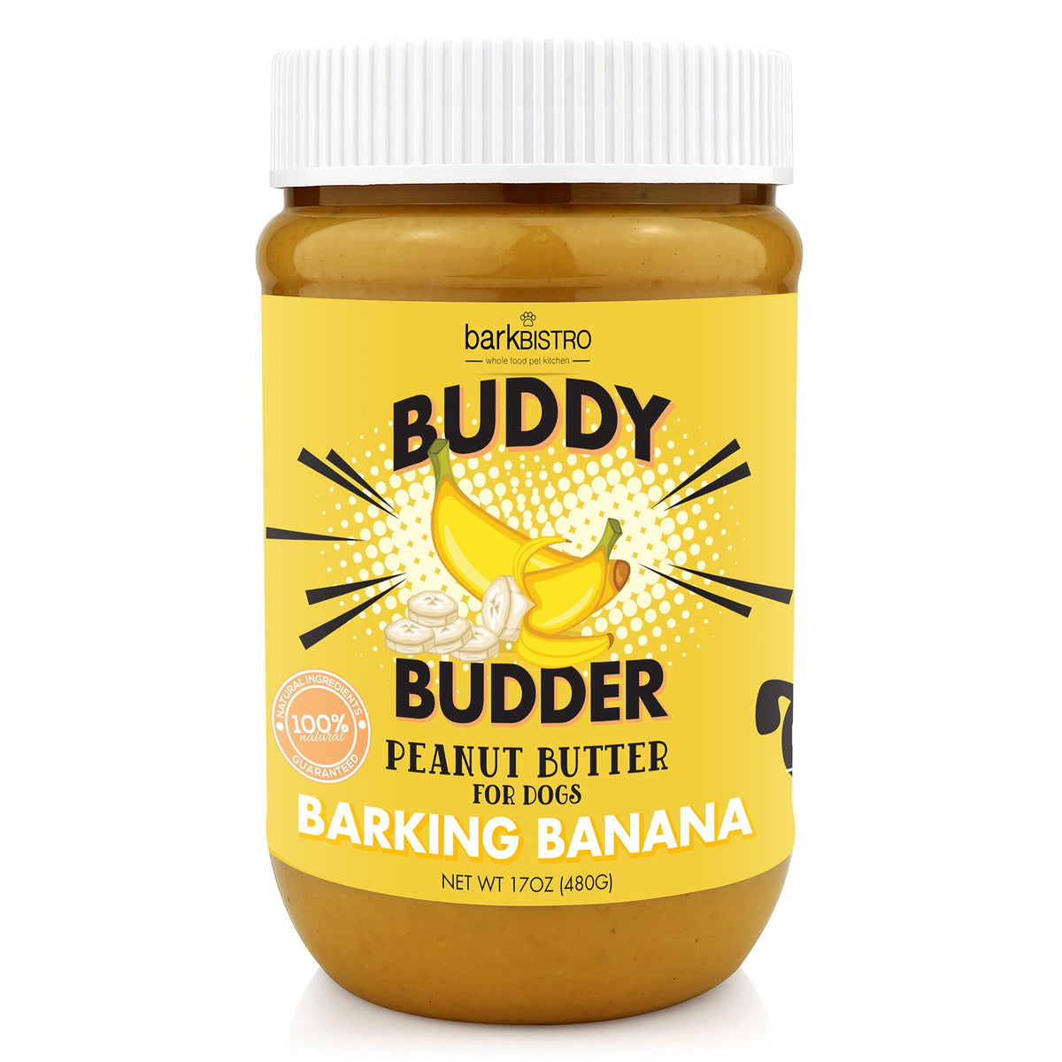 BUDDY BUDDER Barkin' Banana en tarro, crema de maní natural para perros