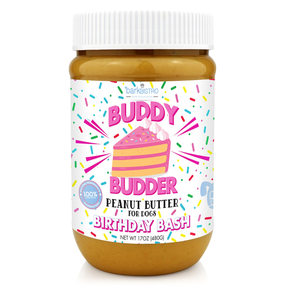 Buddy Budder envase 17oz: mantequilla de cacahuete para perros, ideal para rellenos en juguetes.