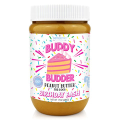 Buddy Budder envase 17oz: mantequilla de cacahuete para perros, ideal para rellenos en juguetes.