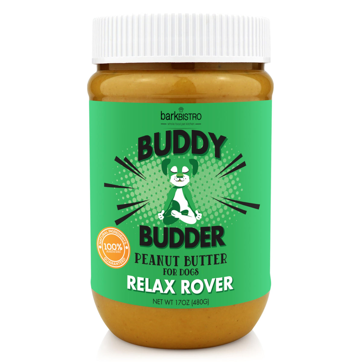 Buddy Budder Relax Rover Frasco: mantequilla de maní natural para premiar y calmar durante el día.