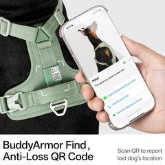 Arnés BuddyArmor con código QR para localizar mascotas rápidamente.