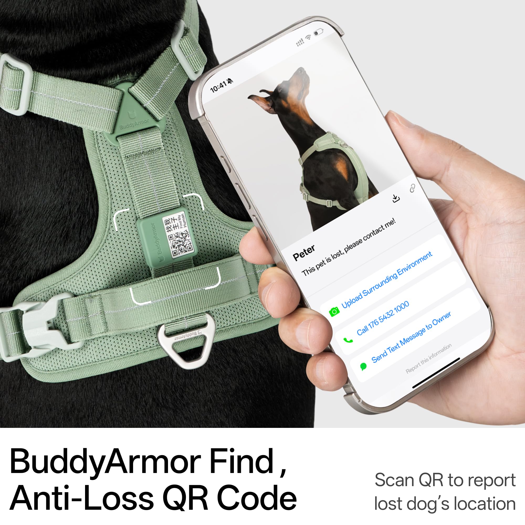 Etiqueta QR BuddyArmor para localización rápida y reunificación.