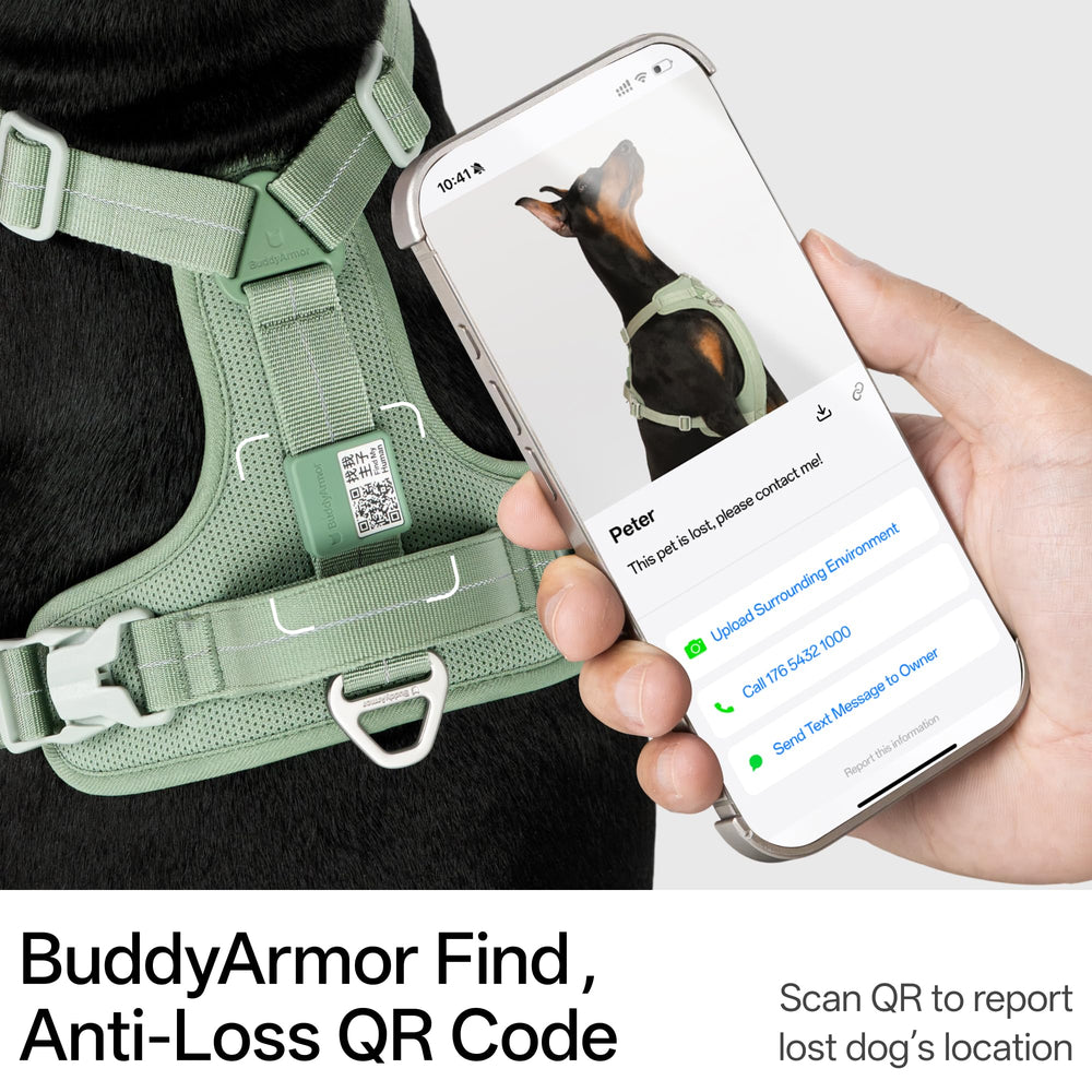 Etiqueta QR BuddyArmor para localización rápida y reunificación.