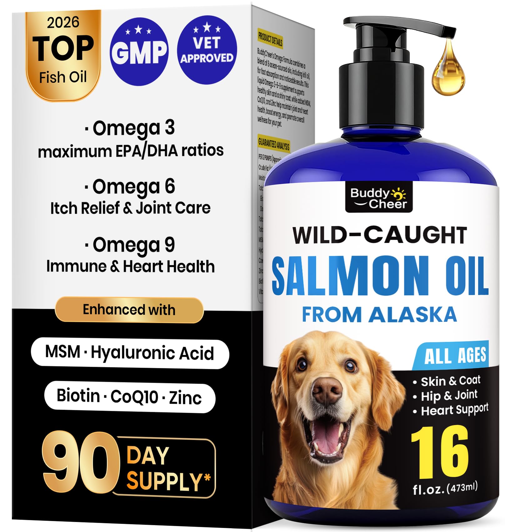 BuddyCheer Aceite de Salmón Alaska, botella para pelaje brillante.