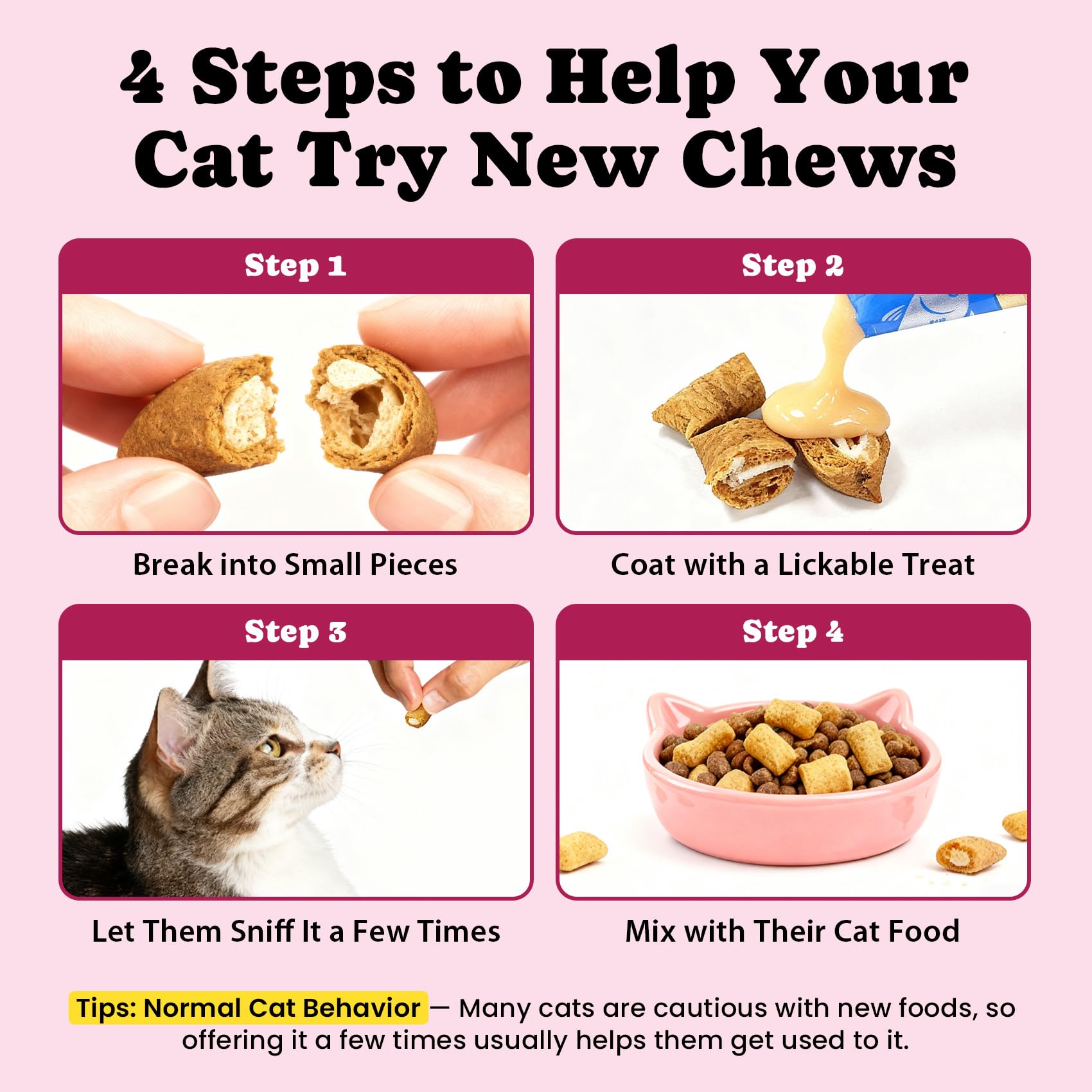 BuddyCheer easy-dosing instruction card beside cat joint chews