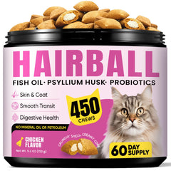 BuddyCheer Hairball Treatment bottle pour illustrates natural oils aiding smooth gut passage
