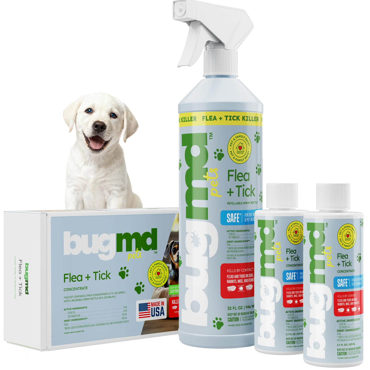 BugMD Concentrado en botella de 4 oz para controlar pulgas y garrapatas en casa.