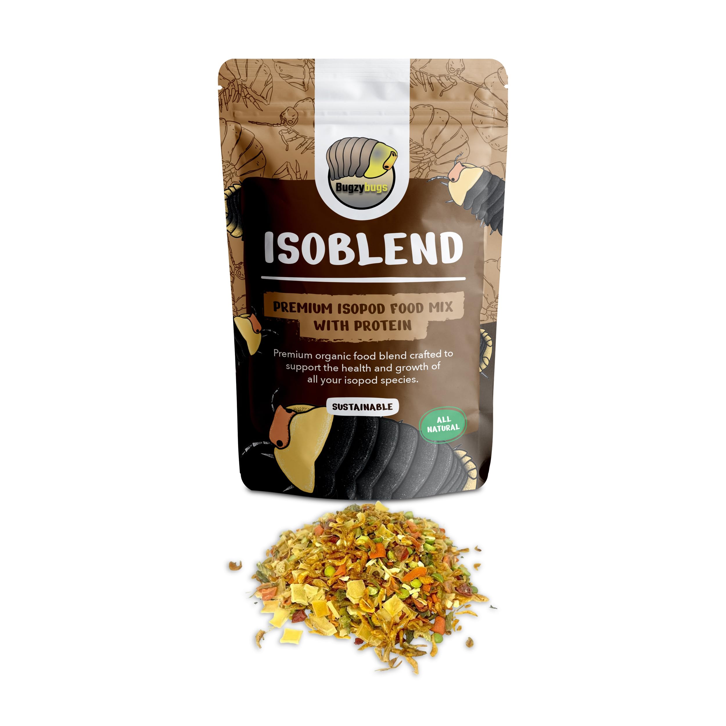 Bugzy Bugs Isoblend, envase frontal, mezcla rica en proteínas para isópodos sanos.
