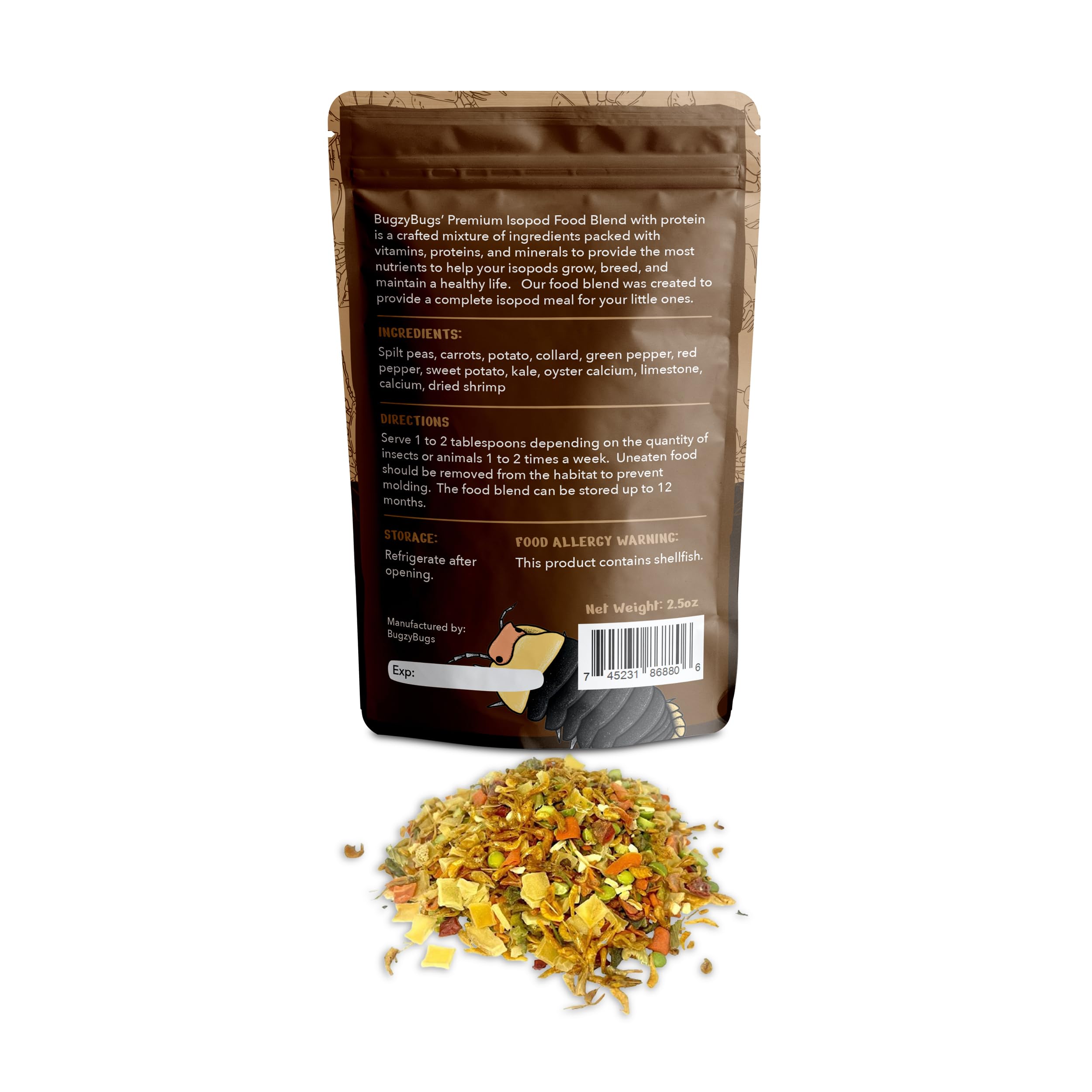 Bugzy Bugs Isoblend, ingredientes visibles, promueven crecimiento equilibrado en isópodos.