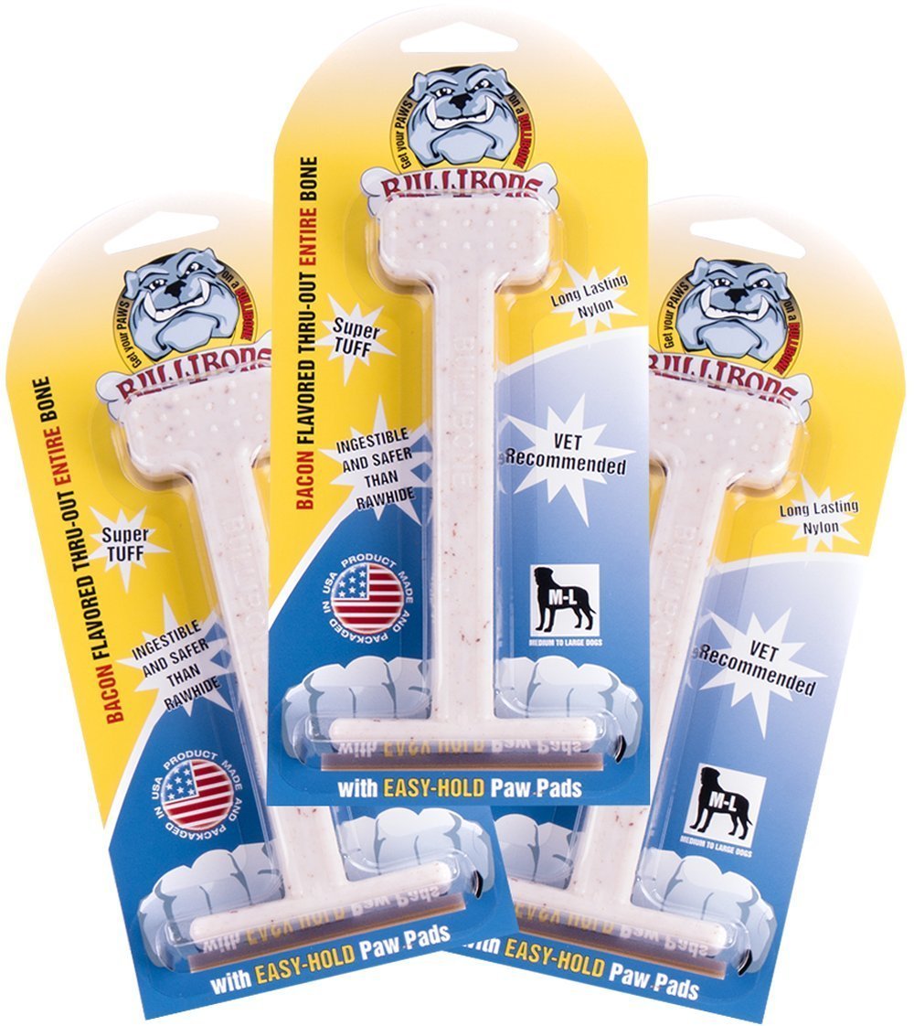 Bullibone hueso nylon dental con sabor a tocino para perros grandes, fomenta masticación segura.