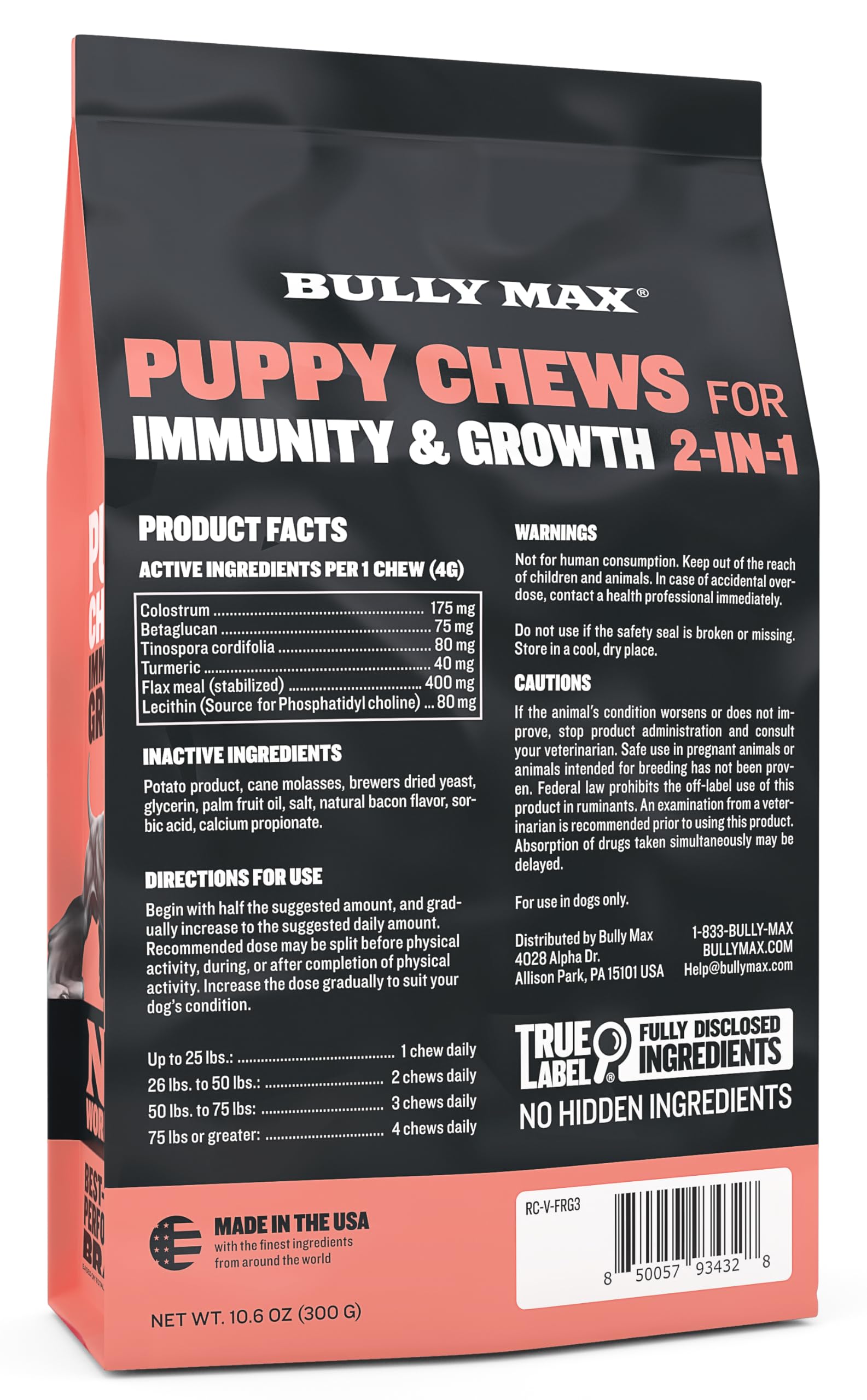 Bully Max 2-en-1 con colostro para immunidad y desarrollo del cachorro.
