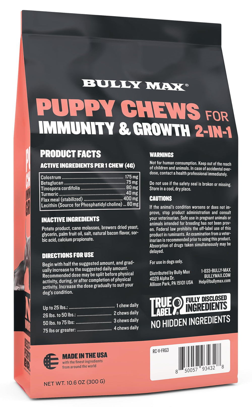 Bully Max 2-en-1 con colostro para immunidad y desarrollo del cachorro.
