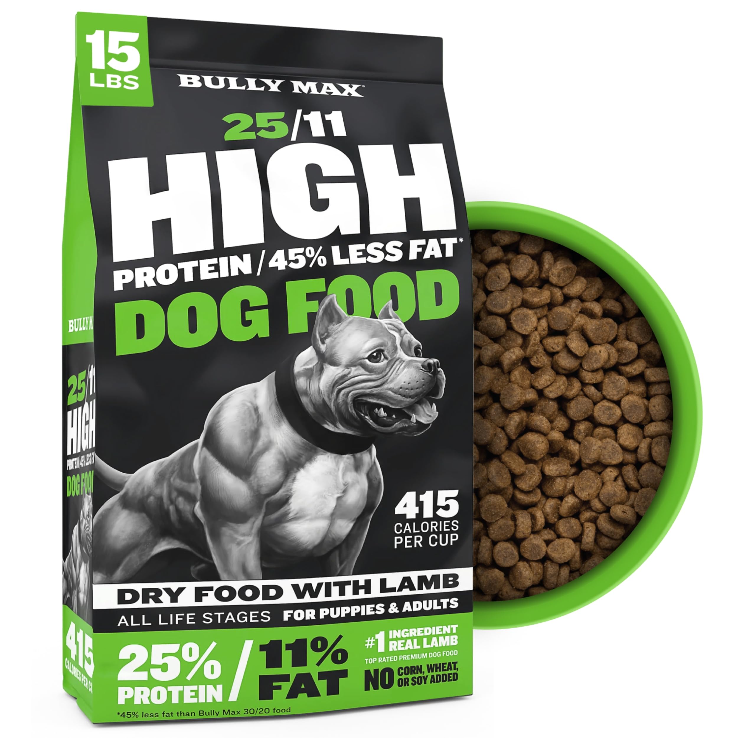 Bully Max 25/11 sabor cordero, empaque visible para perros activos