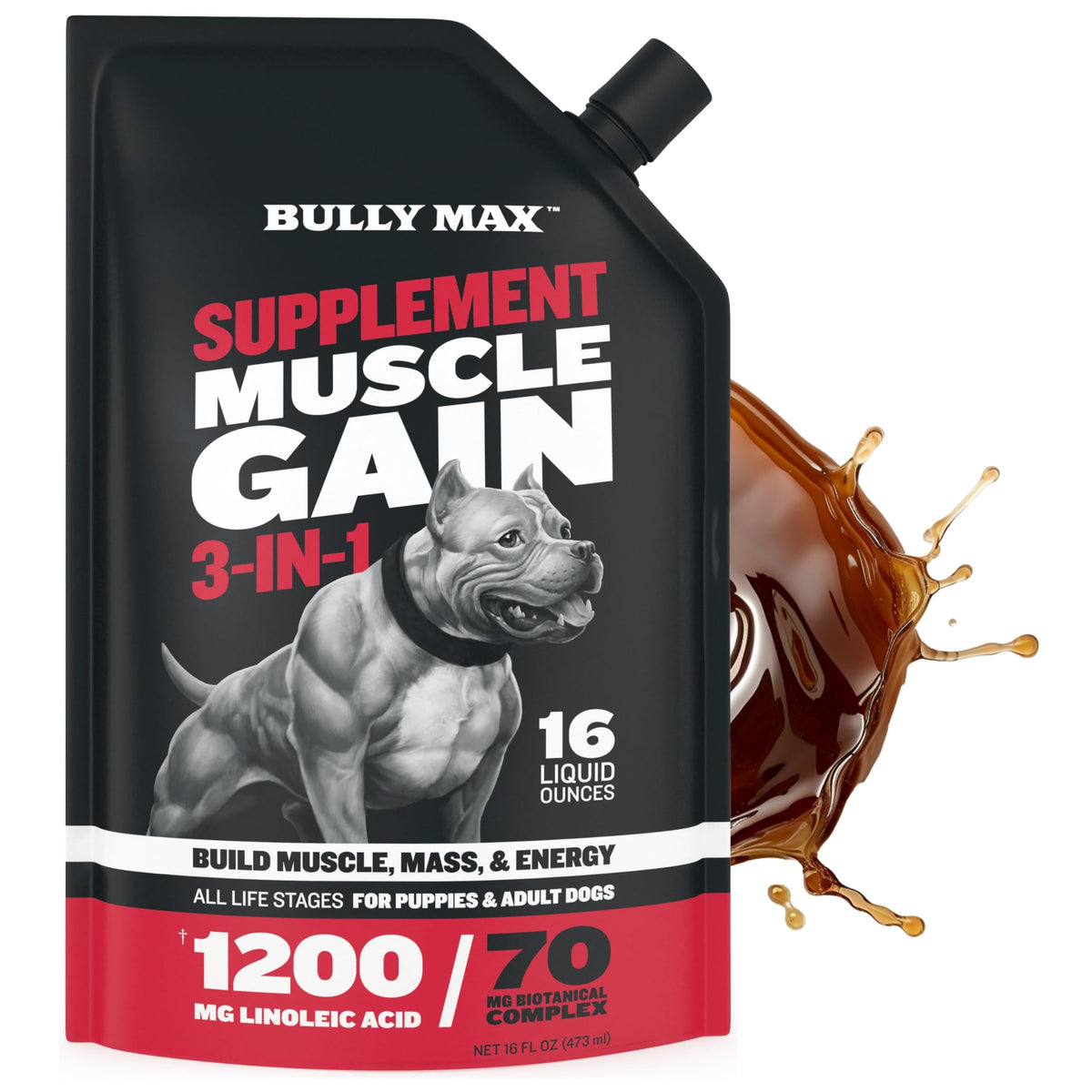 Bully Max 3-en-1 gel muscular para perros, vertido del bote, apoya músculos y energía.